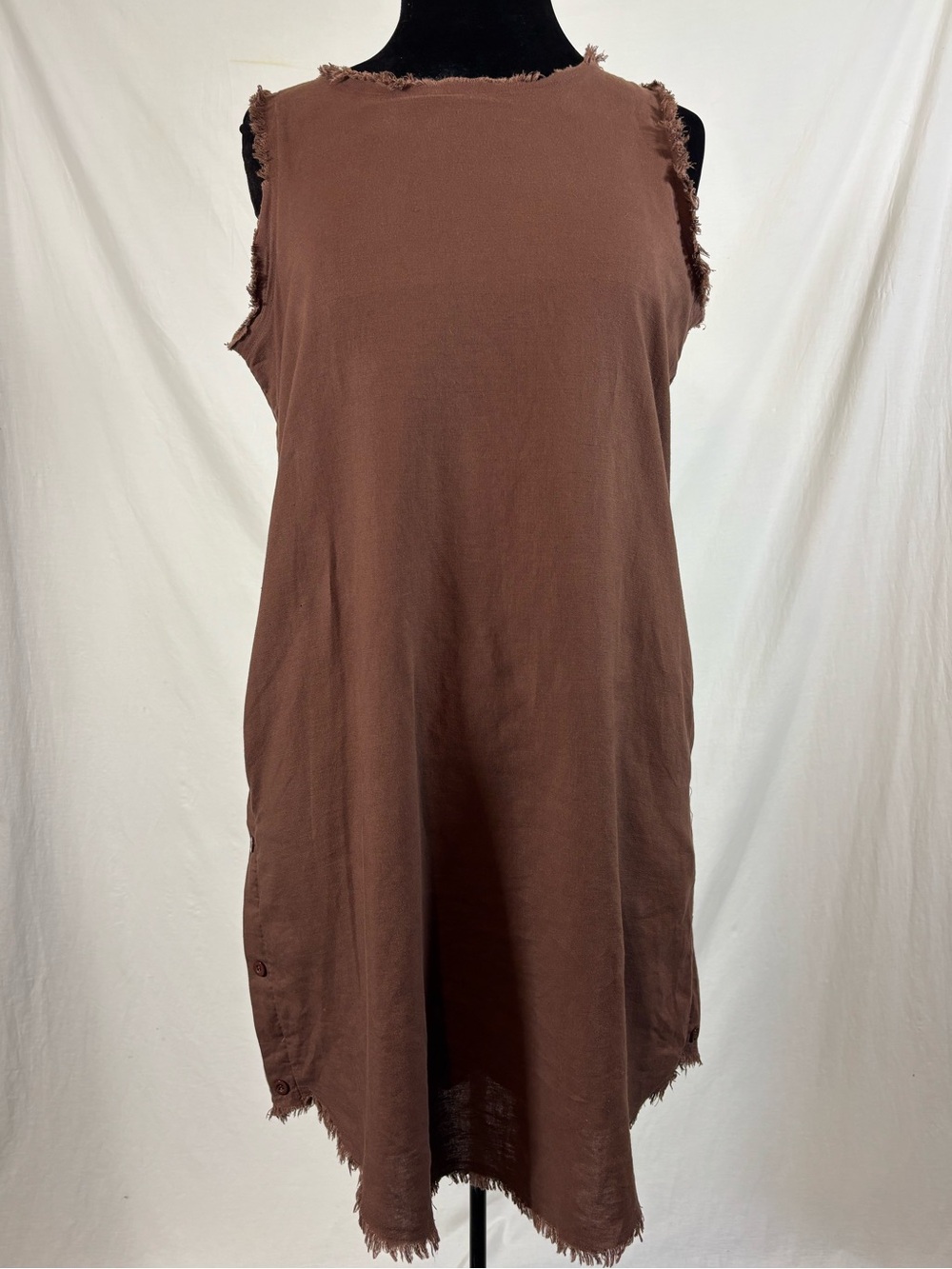 Lost in Lunar Brown Linen Cotton Shift Dress Raw Fringe Boho Lagenlook Size S